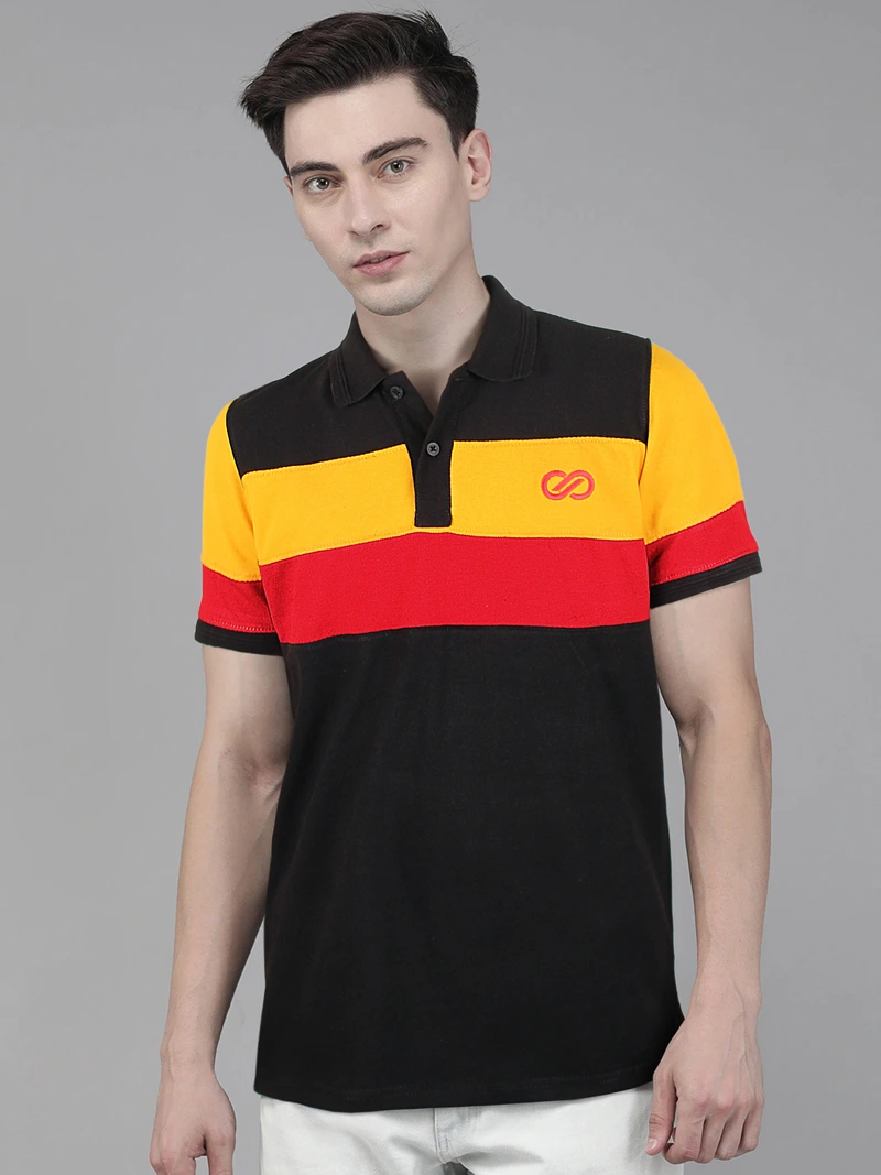216-alladins Polo Shirt with Panels on chest & sleeves (Black-Red-Yellow-Black)